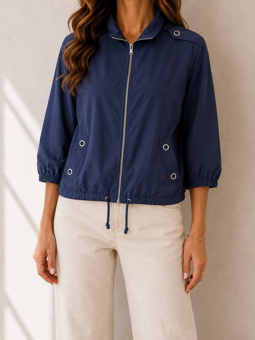 CHICO’S Zenergy Navy Blue Grommet 3/4 Sleeve Windbreaker Jacket Sz 1 Medium
